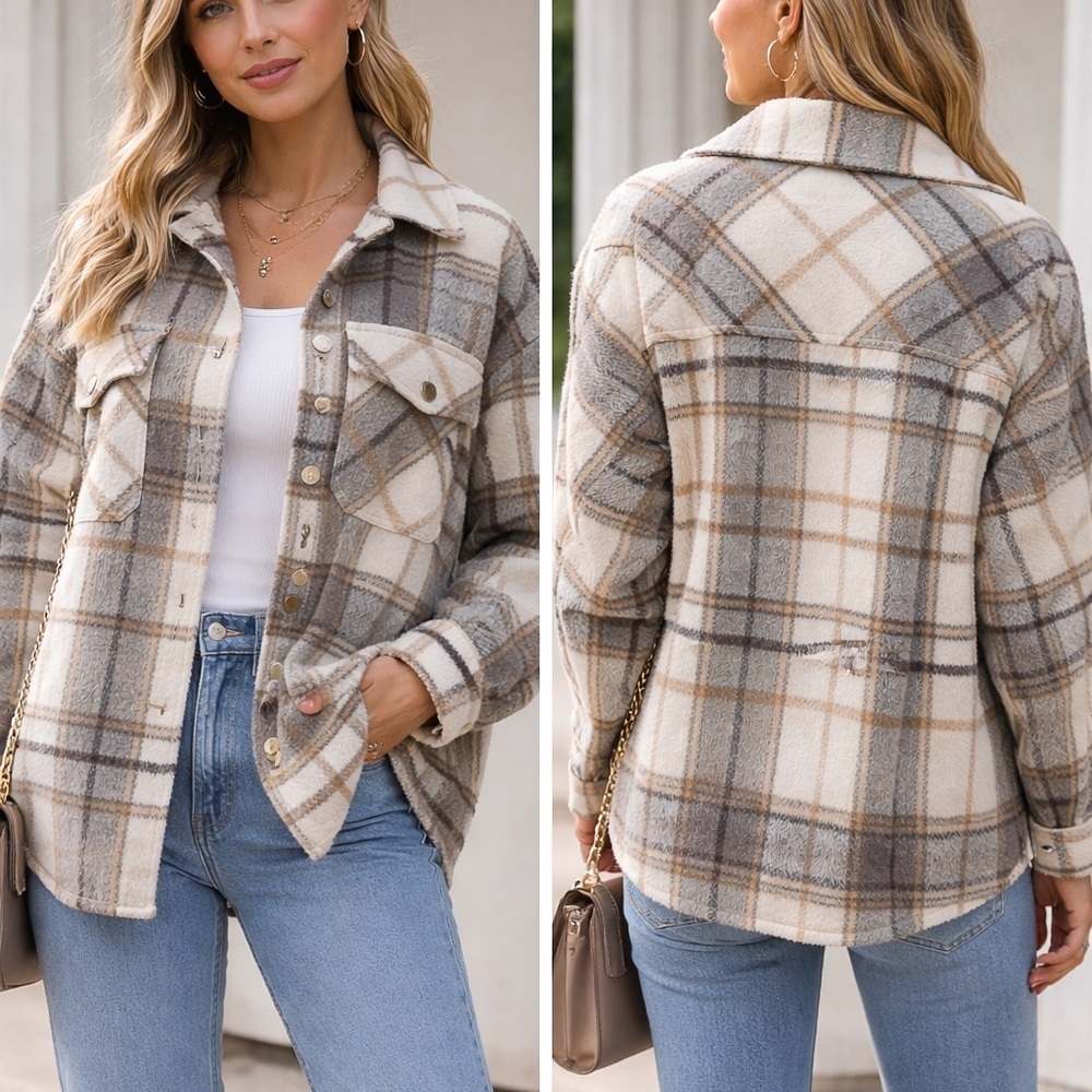 ZARA Plaid Wool Blend Shacket XS Beige Gray Button Front Jacket